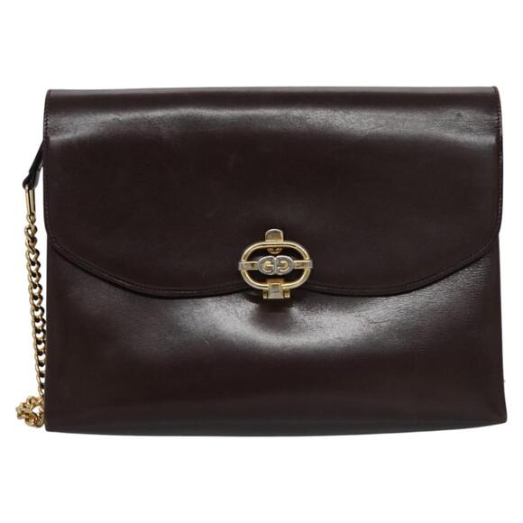 GUCCI Chain Shoulder Bag Leather Brown Gold - Picture 2 of 12